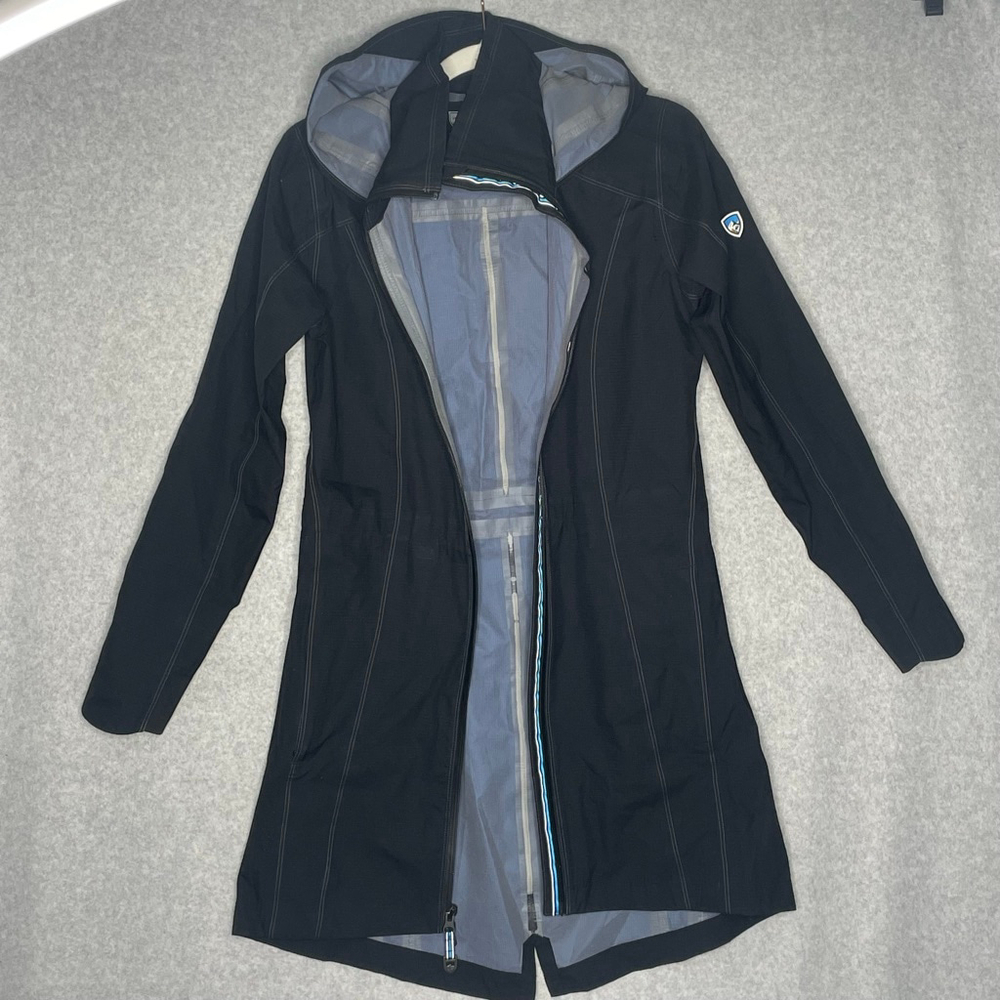Women's KÜHL Black Hooded Rain Jacket XS with Blue Accents